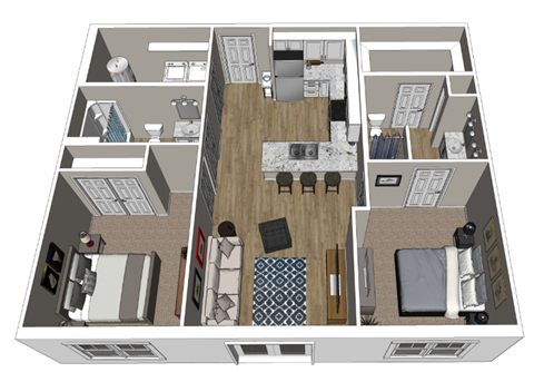 A top down view of a house layout with a living room, dining room, kitchen, and bedrooms.